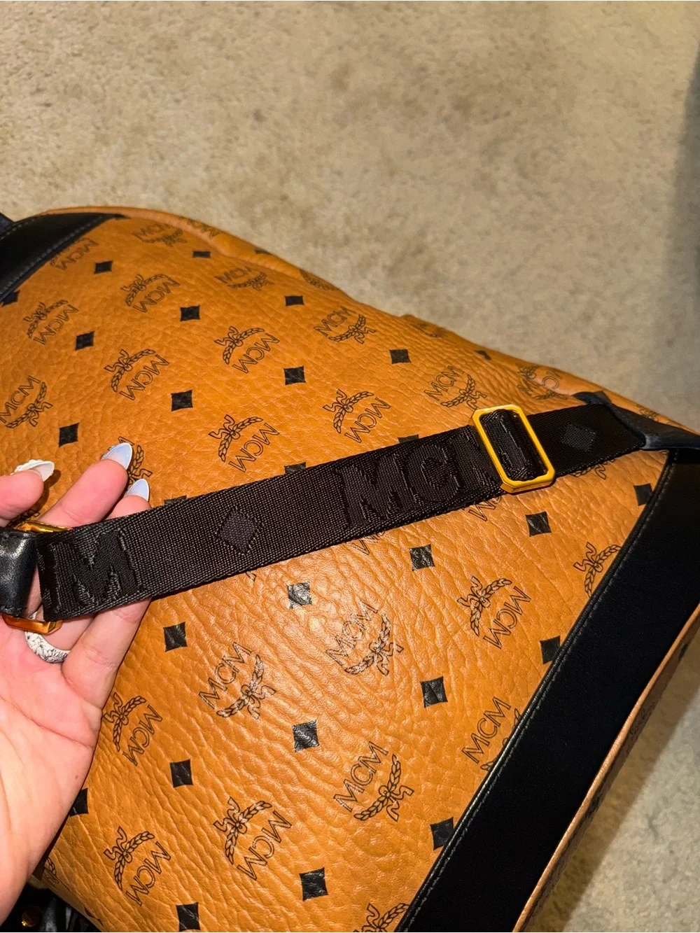 Authentic MCM Stark Stripe Studs Backpack – Cognac Visetos Canvas - Pre Loved
